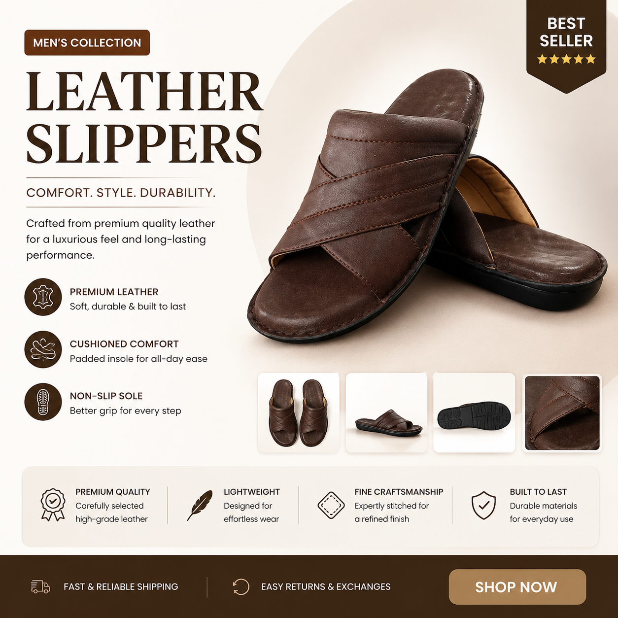 Premium Brown Cross Strap Leather Slippers for Men
Men's Comfort Cross Strap Casual Slippers – Brown