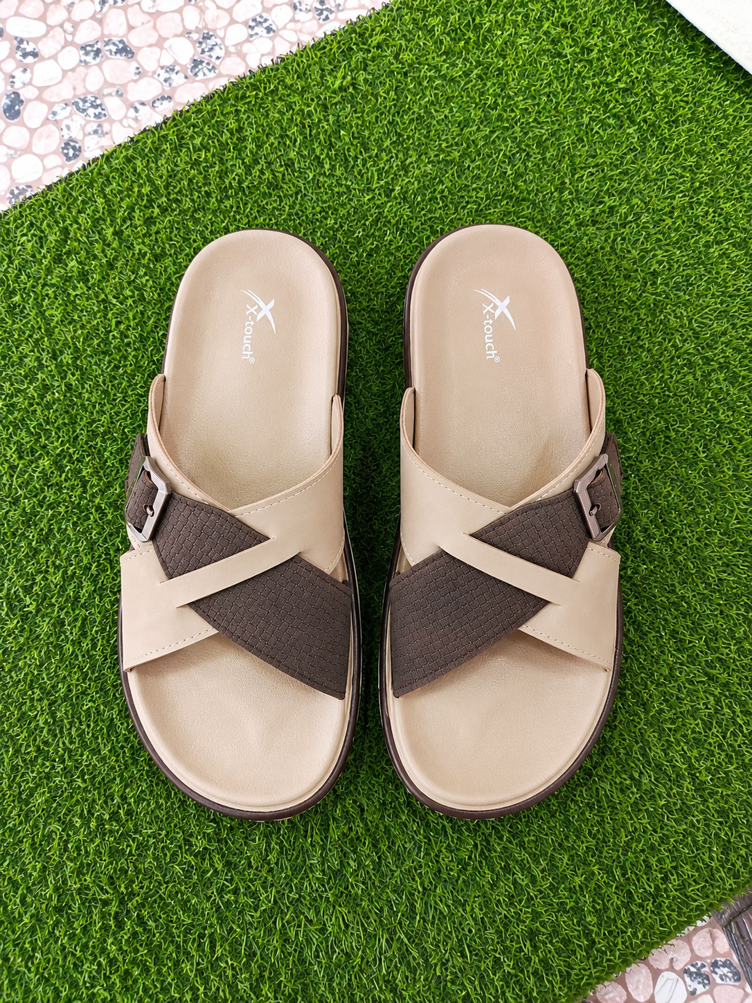 X-Touch Premium Cross Strap Comfort Slides – Khaki & Brown