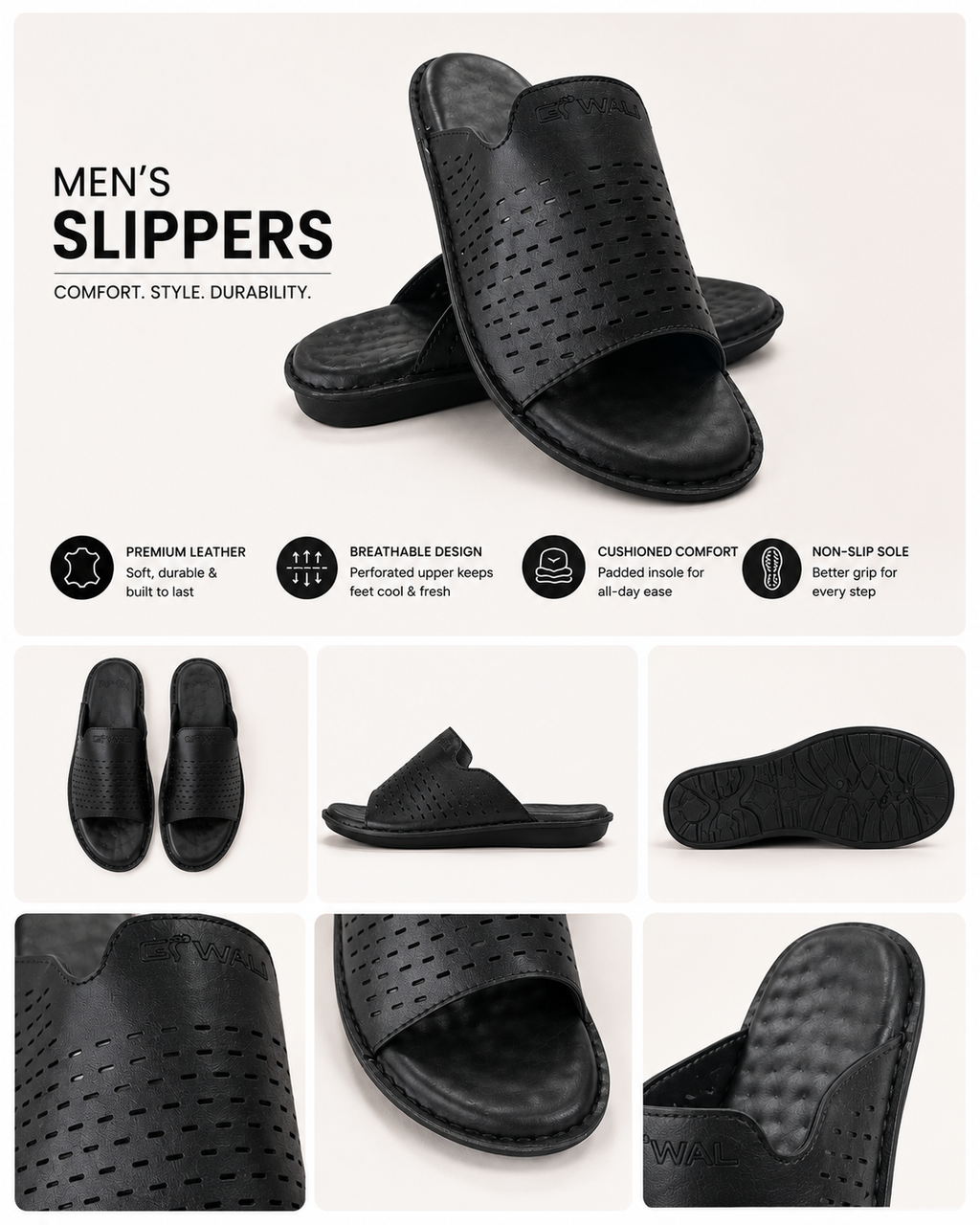 Premium Black Comfort Slide Sandals for Men – Soft Cushioned Lightweight Casual Slippers