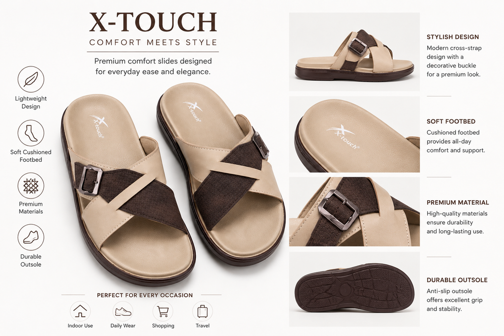X-Touch Premium Cross Strap Comfort Slides – Khaki & Brown