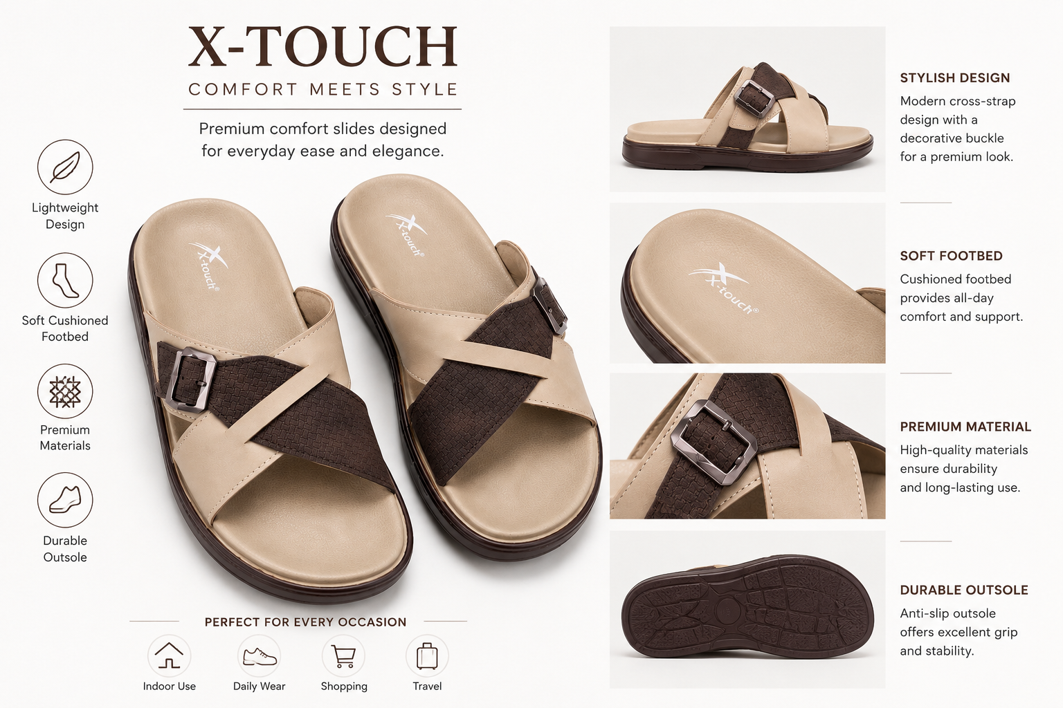 X-Touch Premium Cross Strap Comfort Slides – Khaki & Brown