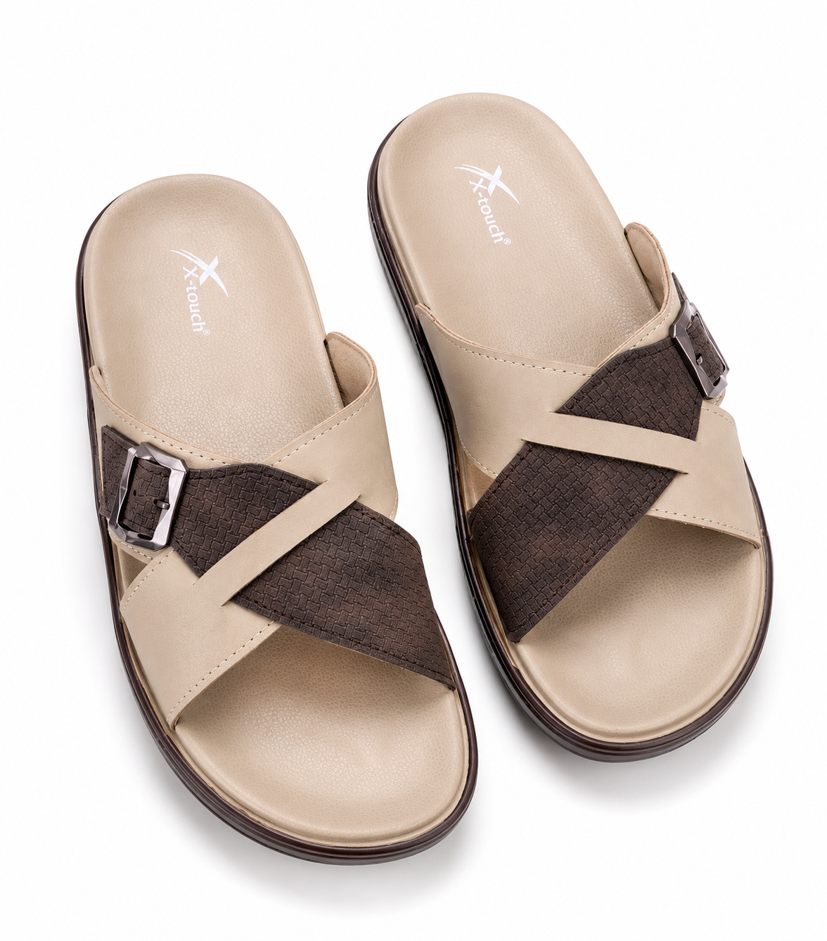 X-Touch Premium Cross Strap Comfort Slides – Khaki & Brown